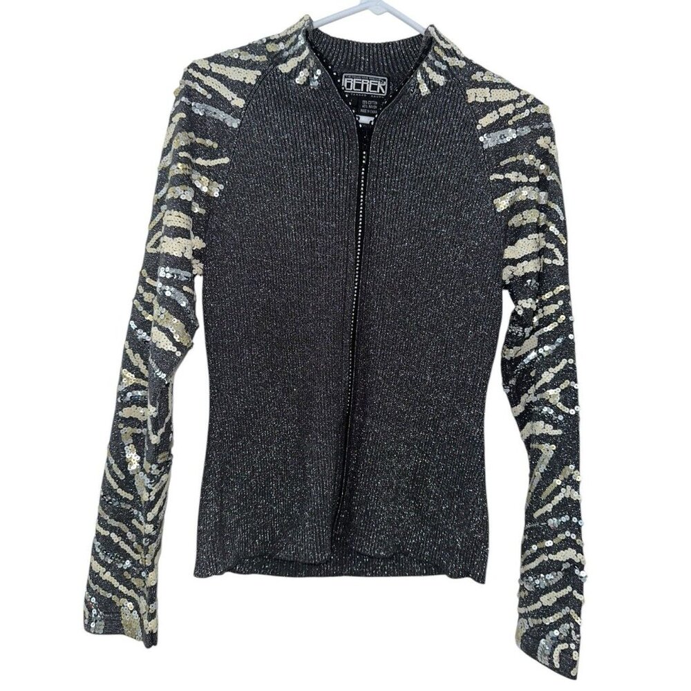 Vintage Berek 2 By Takako Sakon Zip Cardigan Womens L Gray Sequin Sleeves Artsy